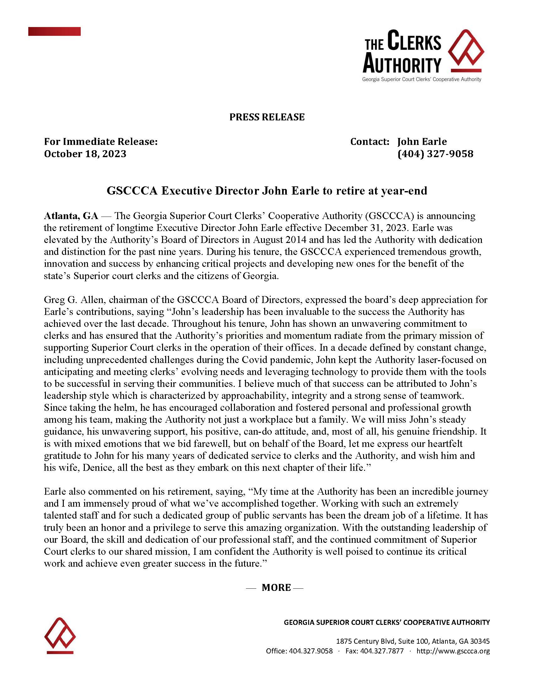 GSCCCA Executive Director John Earle to retire at year end Frances B